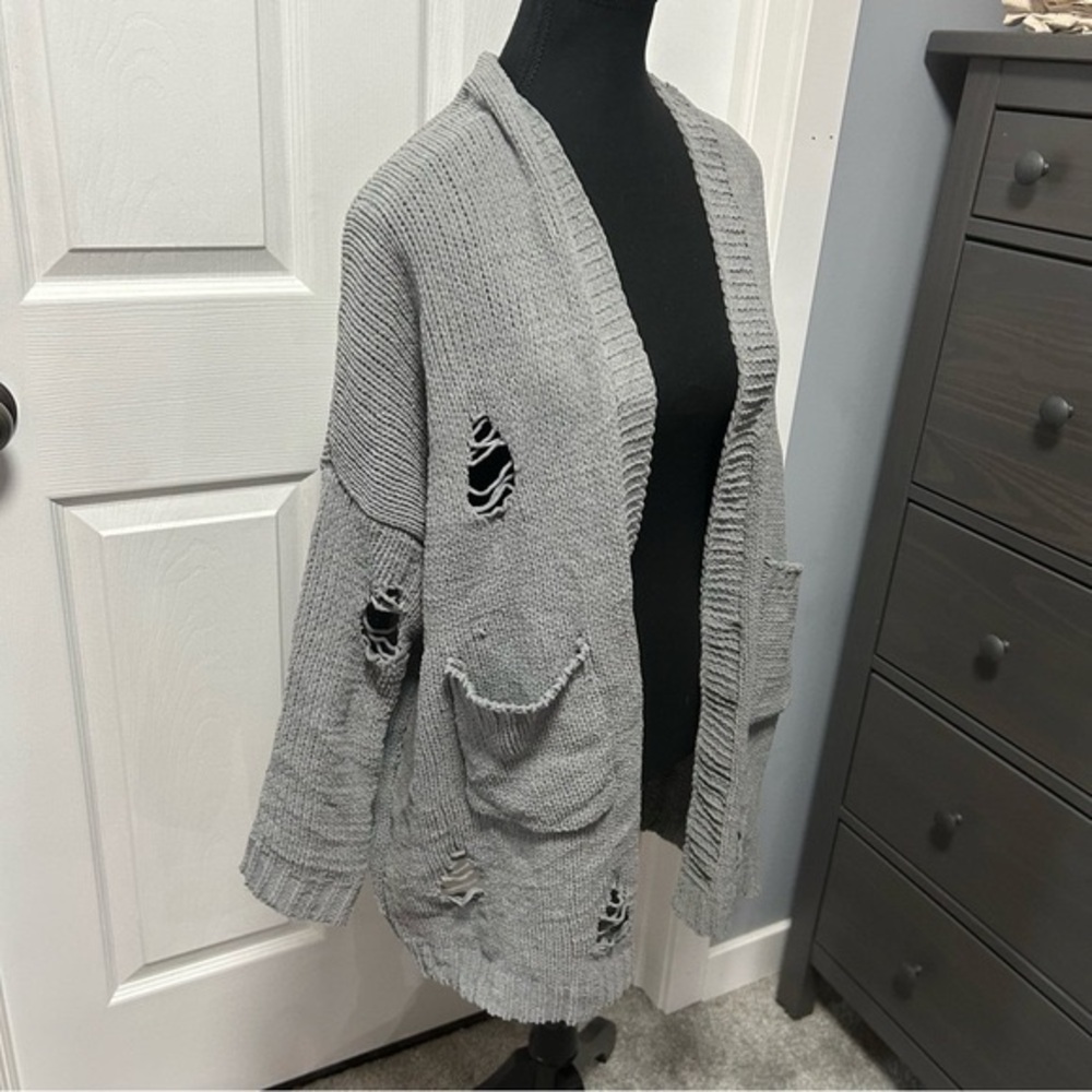 Dreamers Distressed Gray Knit Cardigan